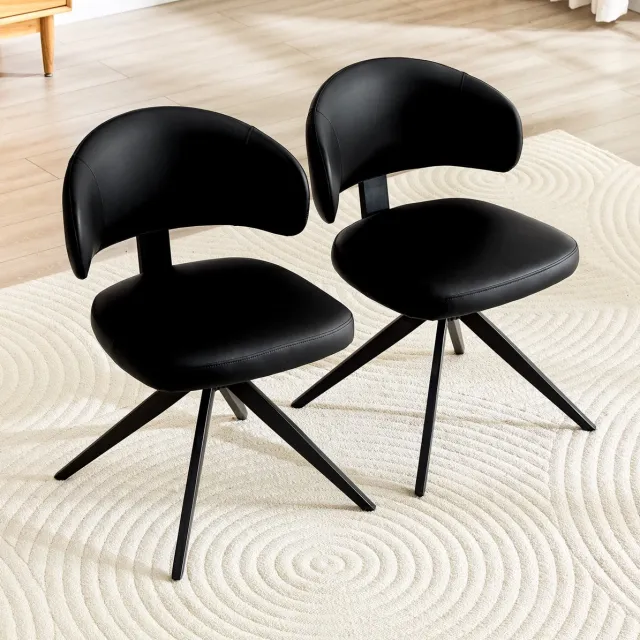REDOM Eetkamerstoelen set van 2 - 360° draaibaar - Gebogen rugleuning - Gewatteerde kunstleren zitting - Scandinavische stijl - Zwart - 69,6 x 50,5 x 77 cm