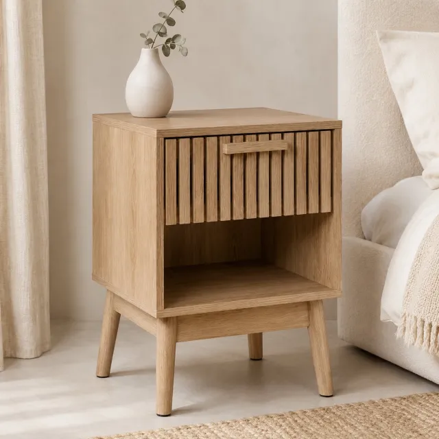 By Viento Nachtkastje met Lade – Houtlook – Lattenfront – Open Opbergvak – 40 x 35 x 55 cm – Naturel Bruin
