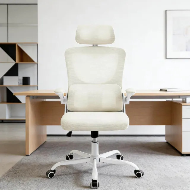MODFU Bureaustoel - Mesh Rugleuning En Hoofdsteun - Met Armleuningen En Wielen - Beige