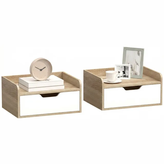 Lunpog Nachtkastjes - Tweedelige zwevende nachtkastjesset - met lades - Afmetingen: 40 cm x 30 cm x 19,5 cm - Natuurlijke houtkleur Bois naturel et blanc