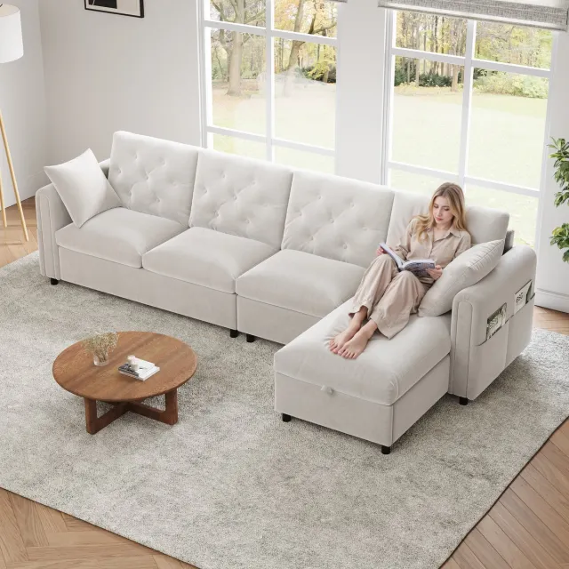 Merax Modern bank - L-vormige hoekopslag - verstelbaar links en rechts - zijarmleuning met tijdschriftenhouder - beige