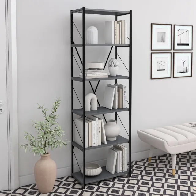 Soof & Tess Soof&Tess Boekenkast - Opbergrek Met 6 Planken - Woonkamer - Slaapkamer 32 x 60 x 185 cm - Bruin / Zwart - Open Planken - Voor Kantoor ANTRACIET