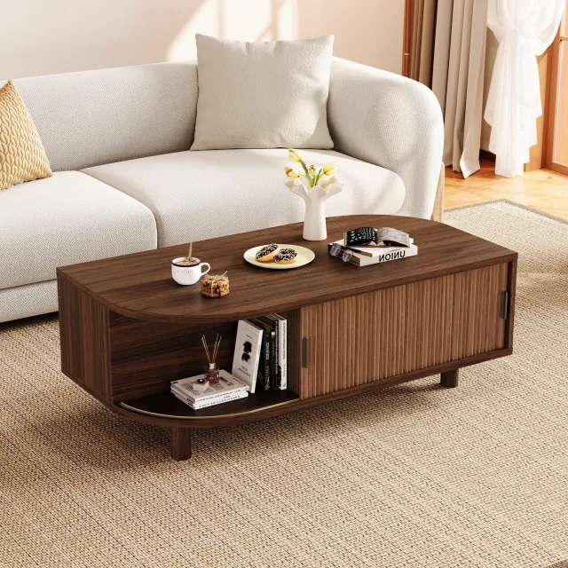 PHOEBE CAT Salontafel - 2 schuifdeuren - MDF - 100 × 50 × 35 cm - Walnootkleurig