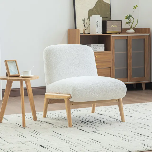 MEUNIQ Fauteuil zonder armleuningen van chenillestof met houten poten, 74 cm breed, ivoor, Scandinavische loungestoel voor woonkamer en slaapkamer