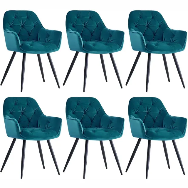 Whoopr® Set van 6 Fluwelen Eetkamerstoelen met Armleuningen – Gestoffeerde Stoelen met Dikke Zitting en Rugleuning – Moderne Accentstoelen met Metalen Poten – Voor Eetkamer, Woonkamer & Lounge Blauw