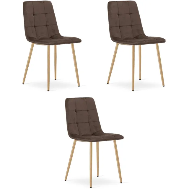 LEOBERT KARA Eetkamerstoelen – Set van 3 – Bruin Velvet – Houten Poten – Comfortabele Ergonomische Zitting – Modern Design – Velvet Stoel voor Woonkamer, Keuken en Eetkamer – Max. 110 kg per Stoel