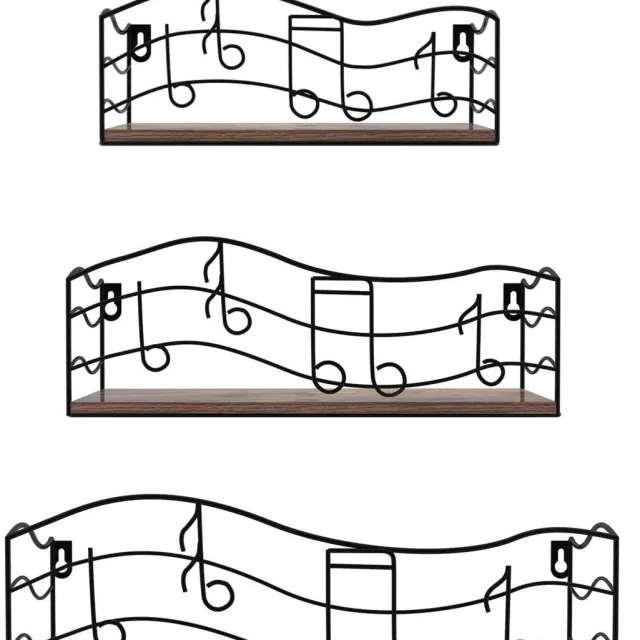 RFWR Rustieke Wandrekken van Hout en Metaal, Set van 3 met Muziekdesign - Zwevende Planken voor Keuken, Badkamer, Kantoor en Woonkamer Bruin