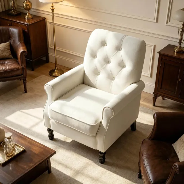 DESMIU Fauteuil - 1-Zits Met Dik Zitkussen En Knopen - Voor Woonkamer En Leeshoek - Stoffen Bekleding - 69x75x90 Cm - Crème