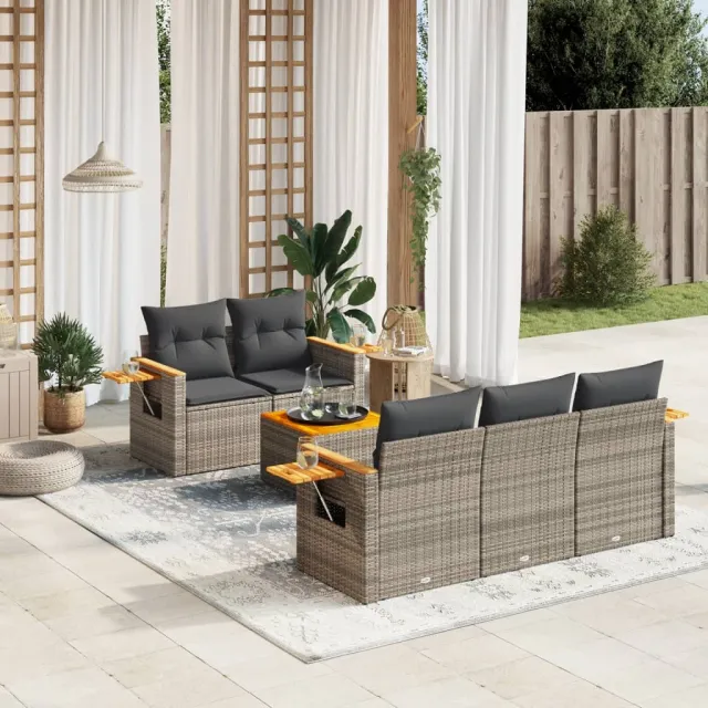 vidaXL 6-delige Loungeset met kussens poly rattan grijs, foto 2
