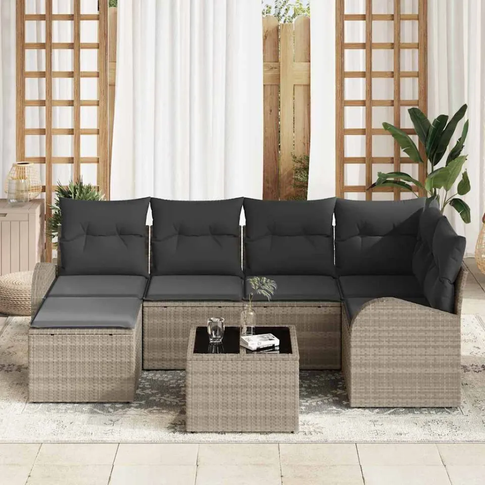 vidaXL Tuinbankenset 7 st Lichtgrijs poly rattan, foto 3