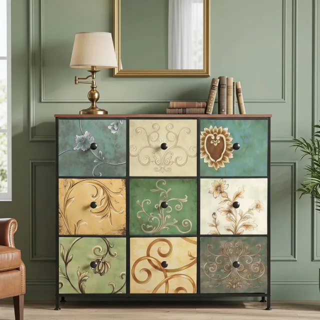 MEXUS Commode met 9 Laden voor de Slaapkamer, Dressoir, Kast in Industriële Stijl, Houten Blad, Metalen Frame, Stoffen Laden, voor Woonkamer, Kinderkamer, Hal, Rustieke Stijl