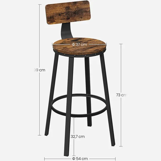 Hoppa! Barkruk | Set Van 2 | Barstoelen | Keukenstoelen Met Stevig Metalen Frame | Zithoogte 73 cm | Eenvoudige Montage | Industrieel Design | Vintage Bruin-Zwart