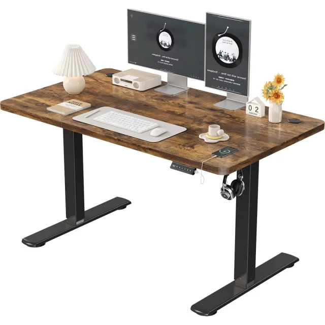 Velmio Zit Sta Bureau - Verstelbaar Bureau - Elektrische Bediening - 120x60 cm - Met USB poort - Zwart/Bruin - Hout Bruin/Zwart
