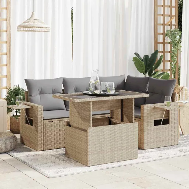 vidaXL 5-delige Loungeset met kussens poly rattan beige, foto 2