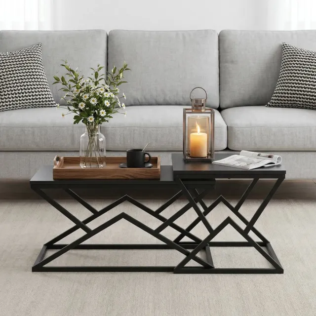 MODENUIT Salontafel - Geometrisch Onderstel Met Extra Plateau - Voor Woonkamer - Metaal En Spaanplaat - 80x50x40 cm Zwart