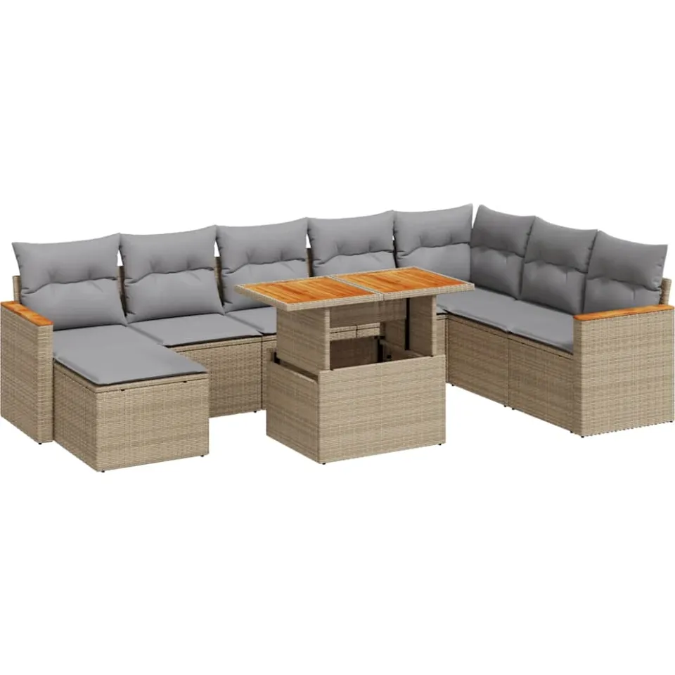vidaXL 9-delige Loungeset met kussens poly rattan acacia beige, foto 3