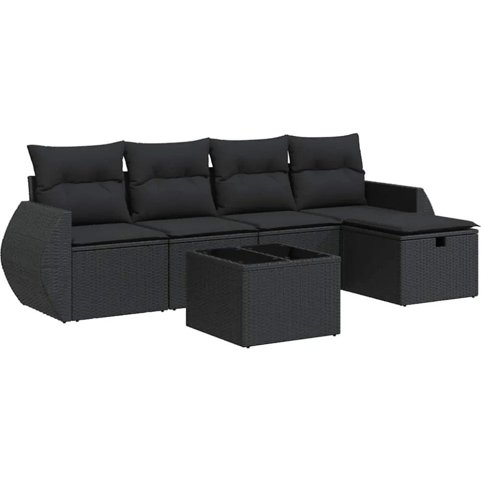 vidaXL 6-delige Loungeset met kussens poly rattan zwart, foto 3