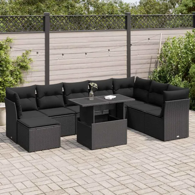 vidaXL 9-delige Loungeset met kussens poly rattan zwart, foto 2