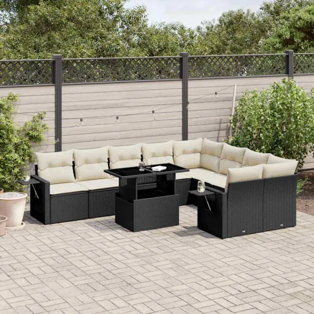 vidaXL 10-delige Loungeset met kussens poly rattan zwart, foto 2