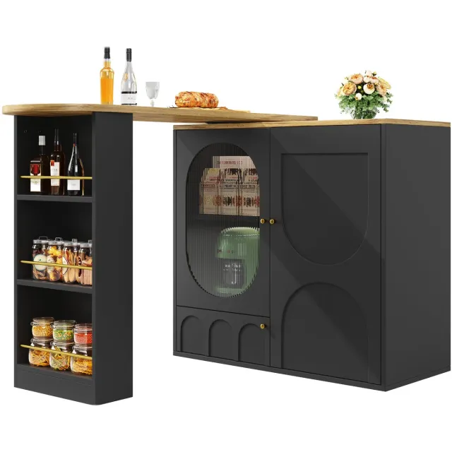 Merax 360° Draaibare Bartafel - Zwarte Bartafel Met Opbergruimte - Keukeneiland Met Draaibaar Tafelblad - Barkast Met Drie Deuren En Deurvakken - 204 x 39 x 105 cm