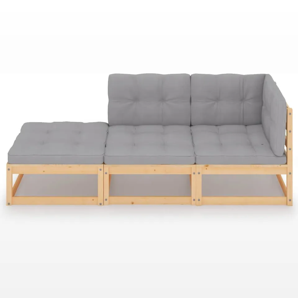 vidaXL 3-delige Loungeset met kussens massief grenenhout grijs, foto 3