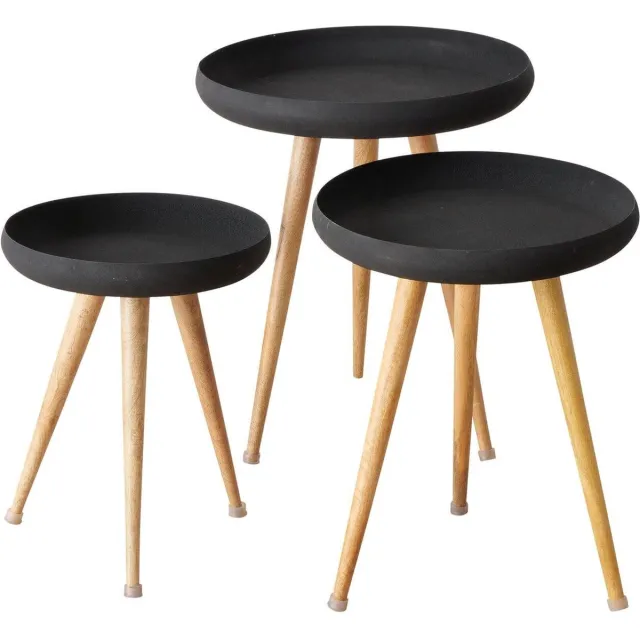Boltze Home Loft koffietafels met zwart blad en poten van mangohout MASDOUR, 3 stuks