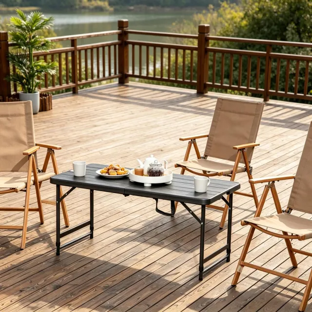 HAUSS SPOLE Tuintafel - Rechthoekige Opvouwbare Eettafel Met Verstelbare Hoogte - Voor 4 Personen - HDPE En Staal - 118 x 60 x 74 cm - Zwart