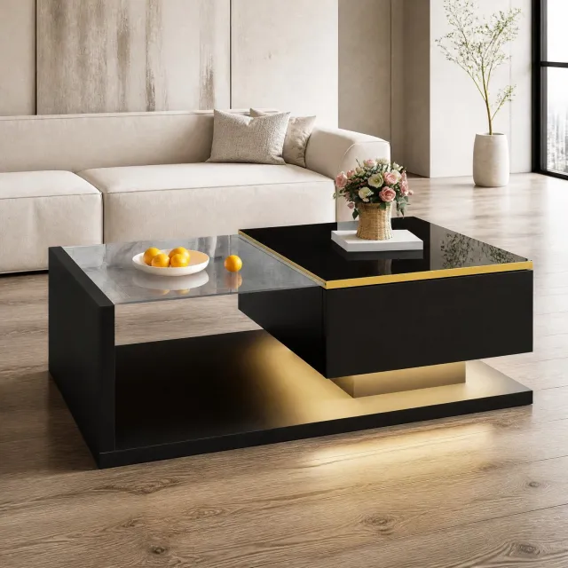 CHICFURN Salontafel - LED-verlichting - Open vakken - Zwart hoogglans