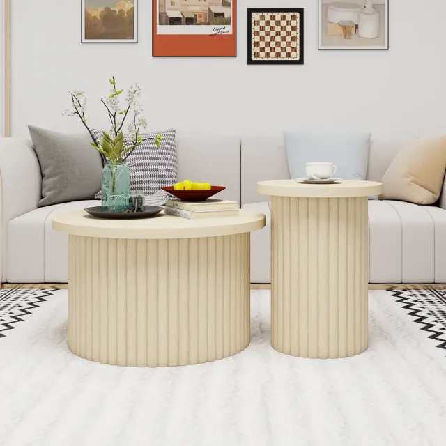 Clruro Salontafelset 2-delig - Rond Ontwerp met Houtlook - Golfstructuur en Geïntegreerde Bijzettafel - MDF - Naturel