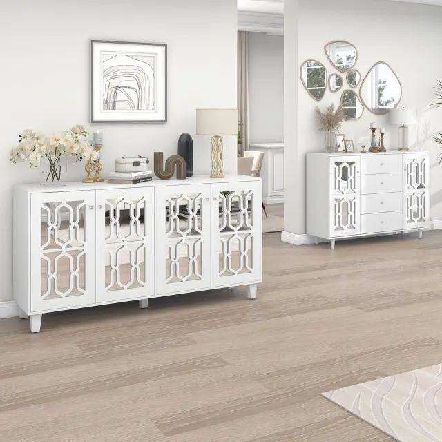 MIVRAY Dressoir - Spiegelglans Met Kristalvormige Grepen - Vier Deuren En Verstelbare Legplank - Voor Woon En Eetkamer - MDF - Wit