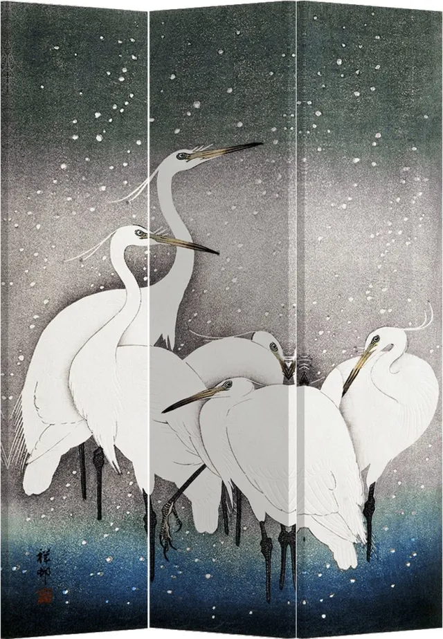 Fine Asianliving Kamerscherm Scheidingswand B120xH180cm 3 Panelen Japanese Cranes Multicolour, Grijs