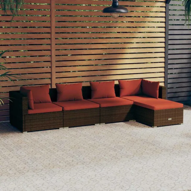 vidaXL 5-delige Loungeset met kussens poly rattan bruin, foto 2