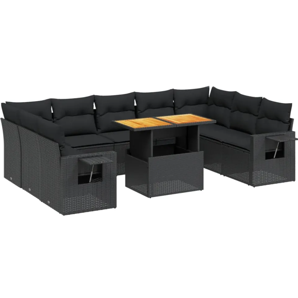 vidaXL 10-delige Loungeset met kussens poly rattan zwart, foto 3