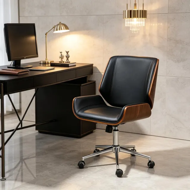 Clruro Bureaustoel - 53x60x86-96 cm - Ergonomisch - Draaibaar - Hout en Staal - Zwart/Donkerbruin