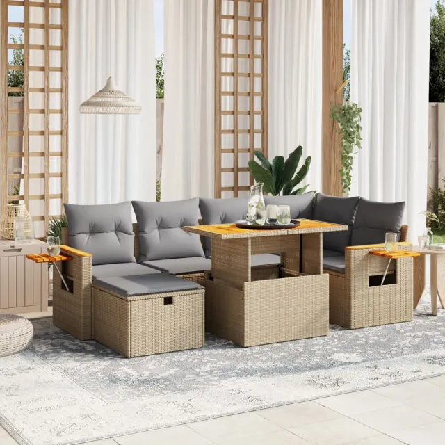 vidaXL 7-delige Loungeset met kussens poly rattan beige, foto 2