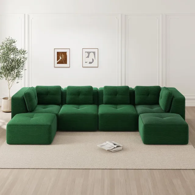 MEUNIQ modulaire U-bank 386 x 177 x 69 cm, 4-zits, ribstof, zonder montage, met ottomane, lage rugleuning en brede armleuningen, voor woonkamer, groen