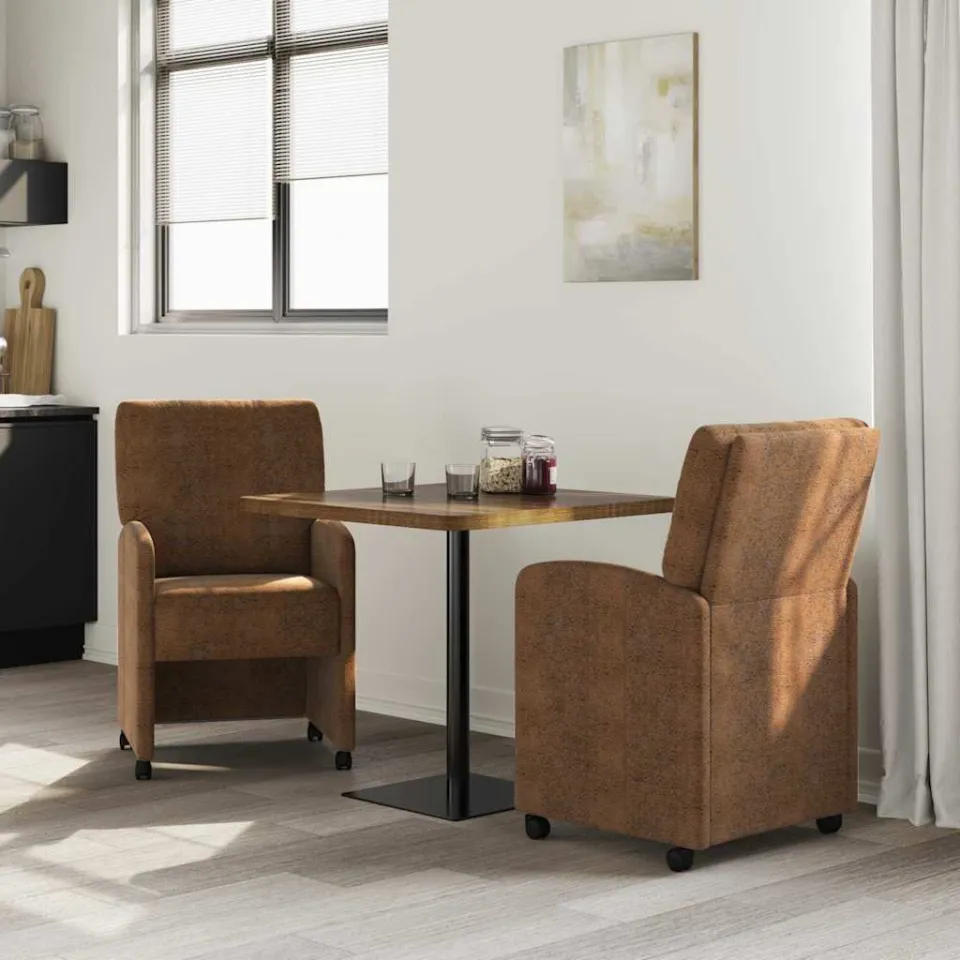 vidaXL Eetkamerstoelen met Wieltjes 2 st Faux suede leer Bruin, foto 3