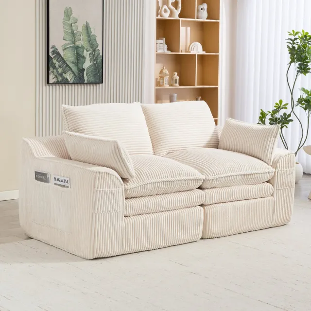 STILVORA 2-Zitsbank 191 x 94 x 85 cm - Met Kussens En Zijvakken - Voor Woonkamer En Kantoor - Corduroy - Beige