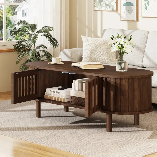 STILVORA Salontafel - Ovale Tafel Met Opbergruimte En Lamellendeuren - Voor De Woonkamer - MDF En Hout - 100x40x38 Cm - Walnootkleur