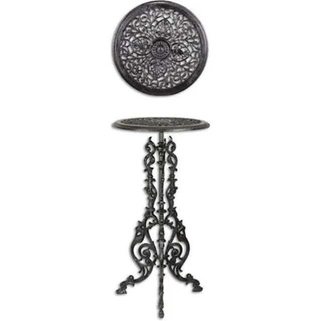 World of Decorations gietijzeren plantentafel - zwart - 69 cm - Ø38 cm - plantentafel metaal zwart - Plantentafel serre - Bloementafel buiten - Bijzettafel buiten rond - Bijzettafel hoog zwart