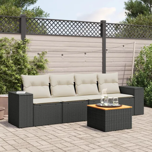 vidaXL 5-delige Loungeset met kussens poly rattan zwart, foto 2