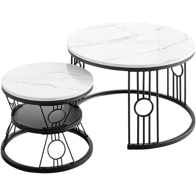 REDOM Salontafel Set van 2 – Ronde Salontafel – Marmerlook Blad & Stevig Zwart Metalen Frame – Moderne Nesttafels voor Woonkamer – Ruimtebesparend Design – Zwart Wit