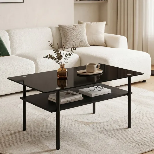 Wishdor Salontafel met zwarte glasplaat en MDF plank - Modern minimalistisch - Metalen frame - Woonkamer zithoek - Zwart - 97,7 x 57,7 x 45 cm