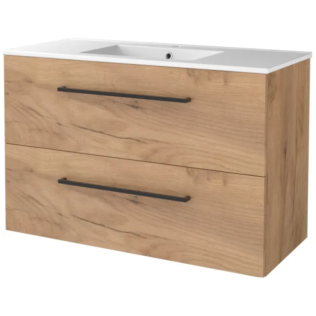 Boss & Wessing Badmeubelset BWS Salt 100x46cm Met Grepen 2 Lades Met Wastafel 1 Kraangat Whisky Oak Bruin