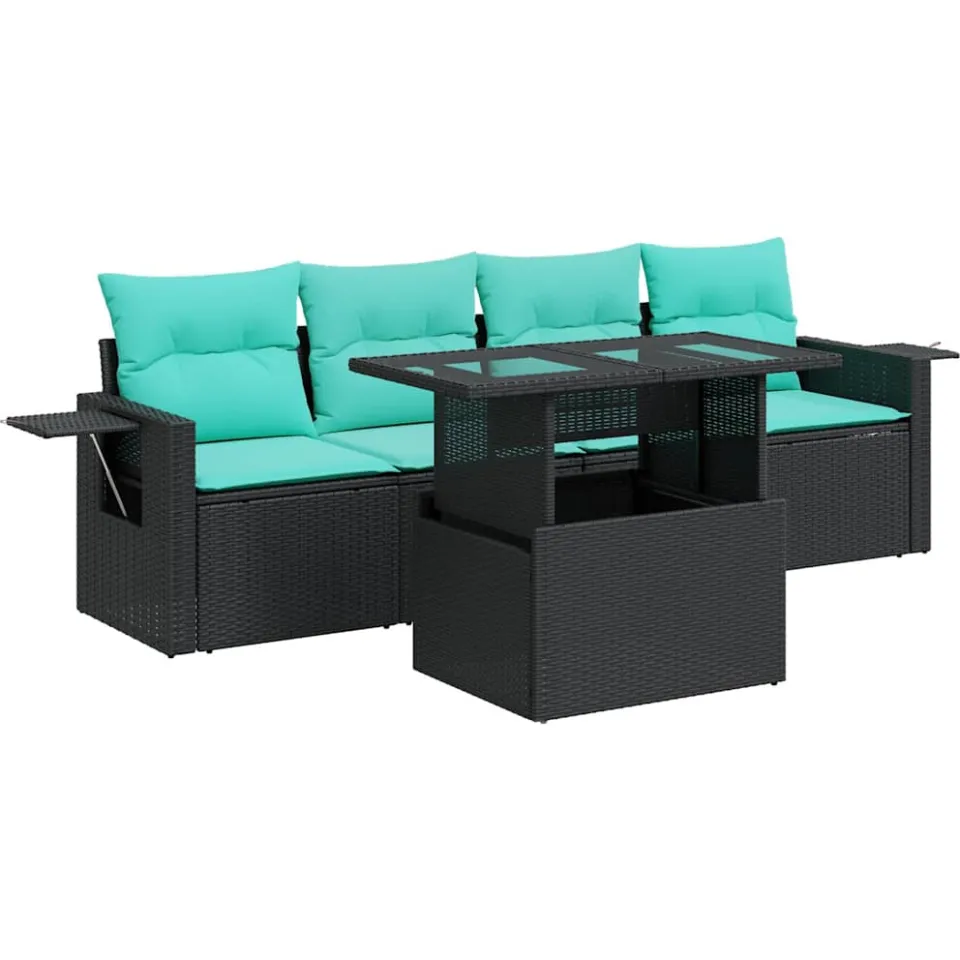 vidaXL 5-delige Loungeset met kussens poly rattan acacia zwart, foto 3