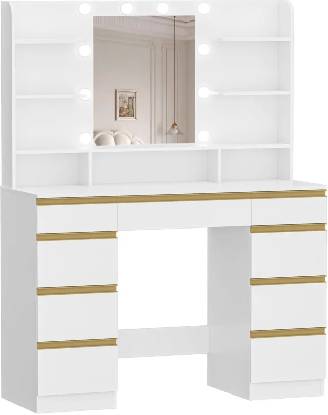 Imperatoris Make-up Tafel met Spiegel en 10 LED Verlichting – Verstelbare Helderheid, 3 Planken, 4 Open Compartimenten, Grote Lade en Kast – Modern Make-up Bureau (Wit)
