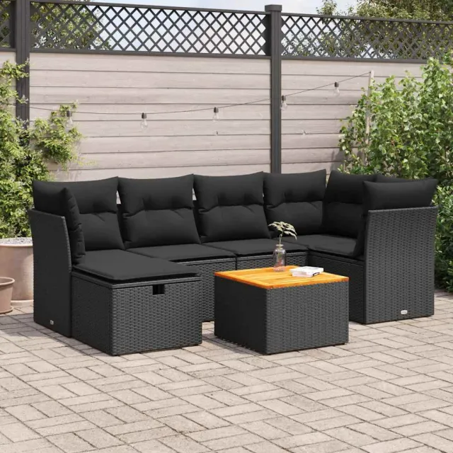 vidaXL 7-delige Loungeset met kussens poly rattan zwart, foto 2