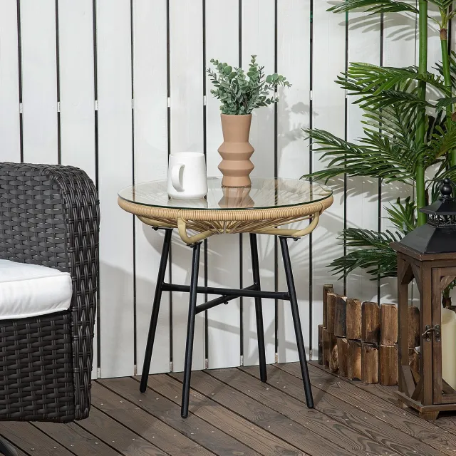 MODENUIT Bistrotafel - Ronde Tuintafel Met Gehard Glas En Polyrattan - Balkon En Terras - Zwart Beige - 50 Cm