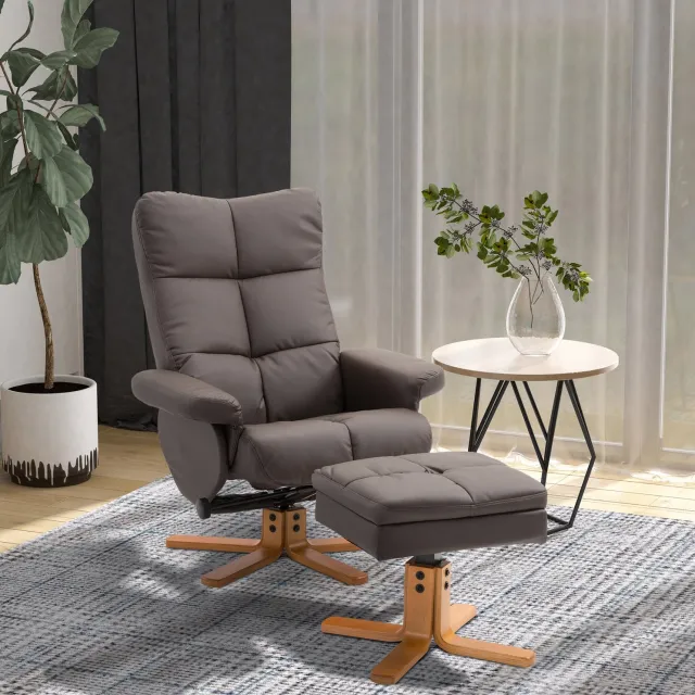 MIVRAY Relaxfauteuil Met Hocker 80 x 86 x 99 cm - Handmatig Verstelbaar Tot 145 Graden - Draaibaar - Woonkamer - Kunstleer Bruin