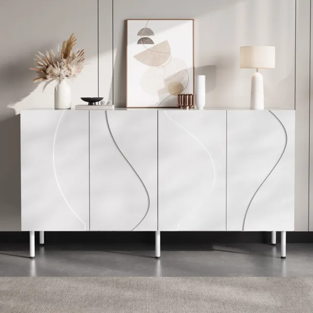 MEUNIQ Dressoir 140 x 40 x 77,5 cm met 4 deuren, vaste legplanken, greeploze push-to-open sluiting en metalen poten voor woonkamer of hal, wit